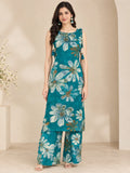 Teal Blue Floral Printed Rayon Co-ord Set