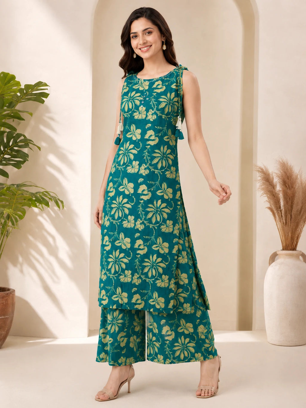 Teal Green Printed Boat Neck Co-ord Set