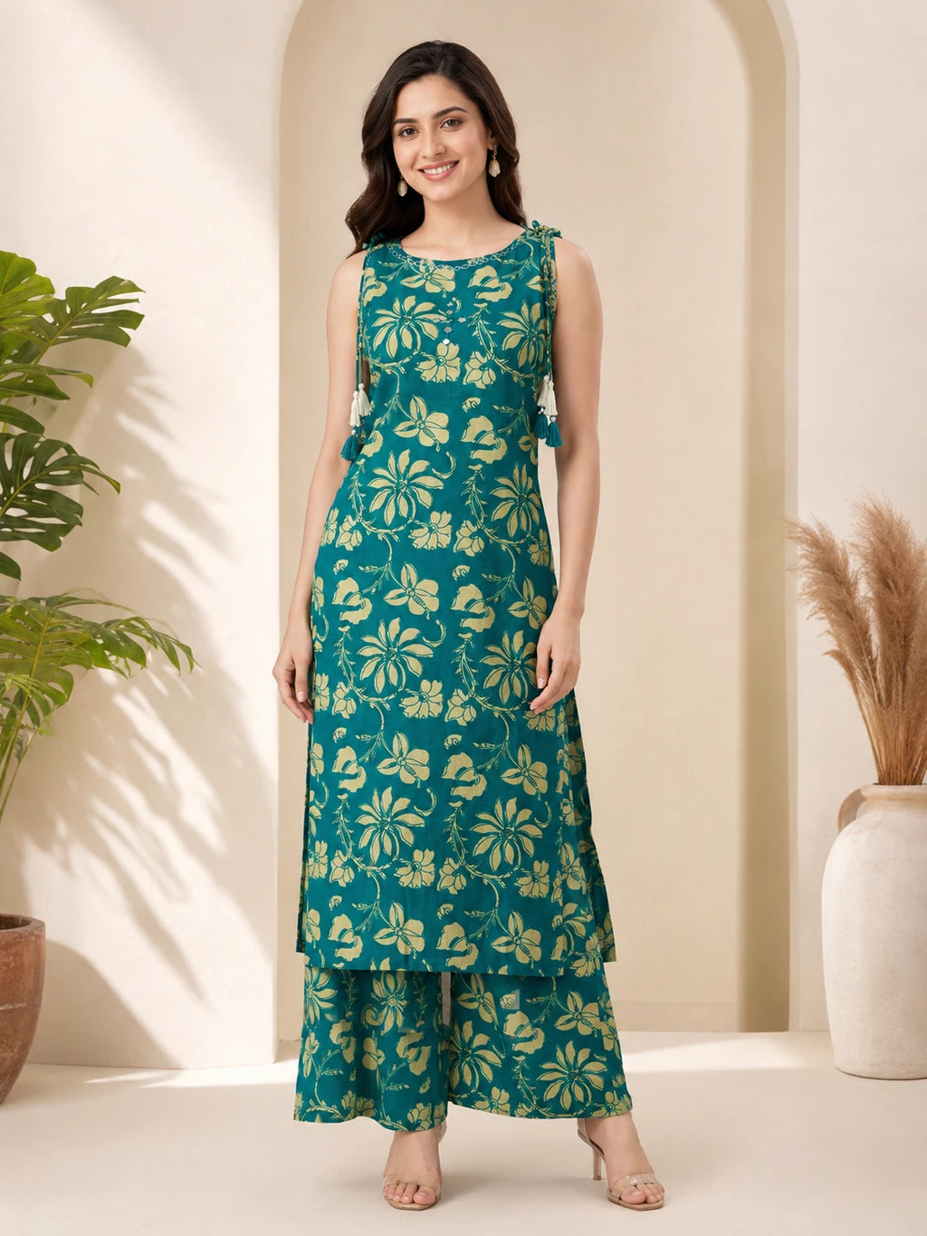 Teal Green Printed Boat Neck Co-ord Set