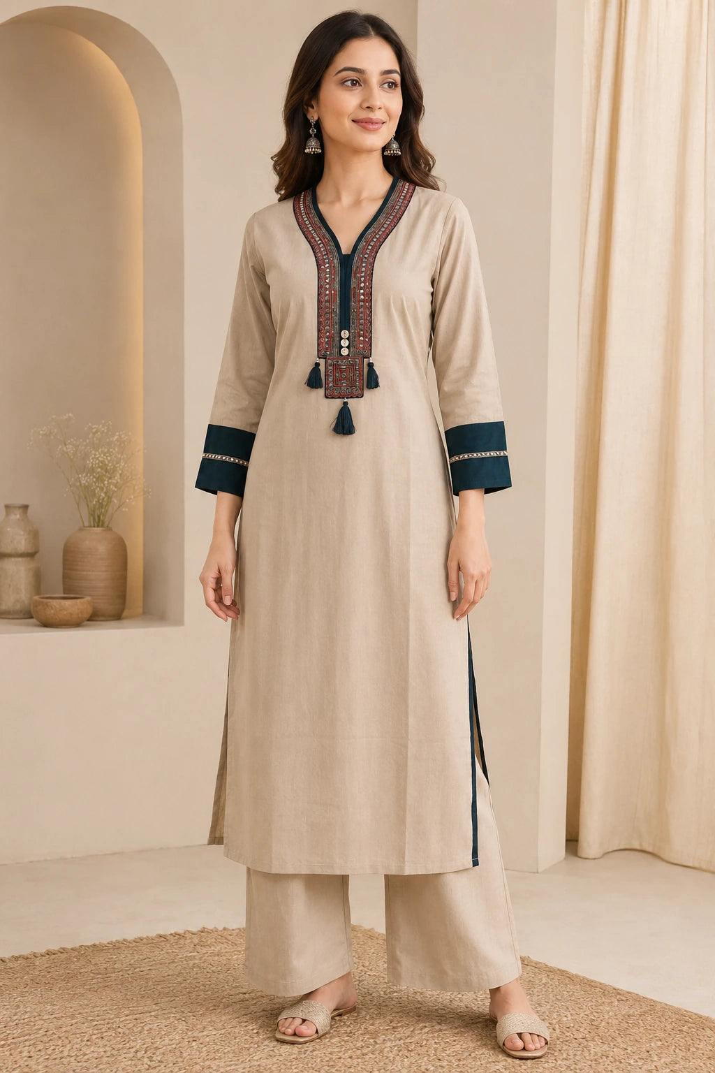Teal Sui Slub Embroidered Kurta & Palazzo Co-ord Set