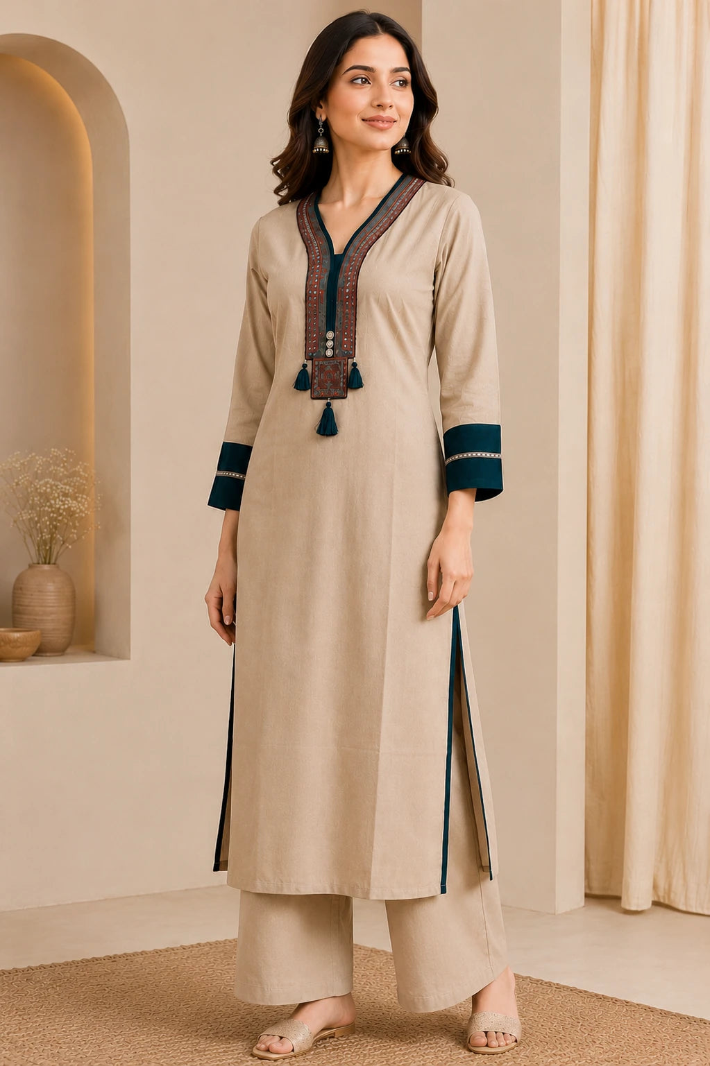 Teal Sui Slub Embroidered Kurta & Palazzo Co-ord Set