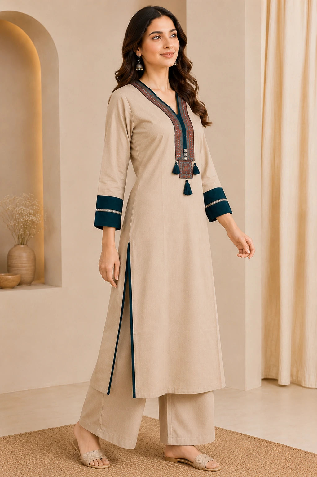 Teal Sui Slub Embroidered Kurta & Palazzo Co-ord Set