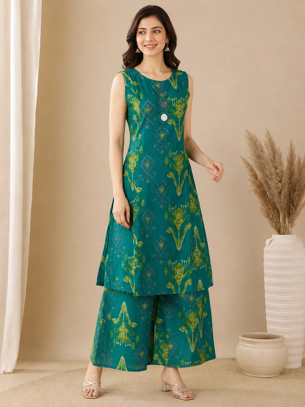 Rama Green Ikat Printed Mirror Work Co-ord Set