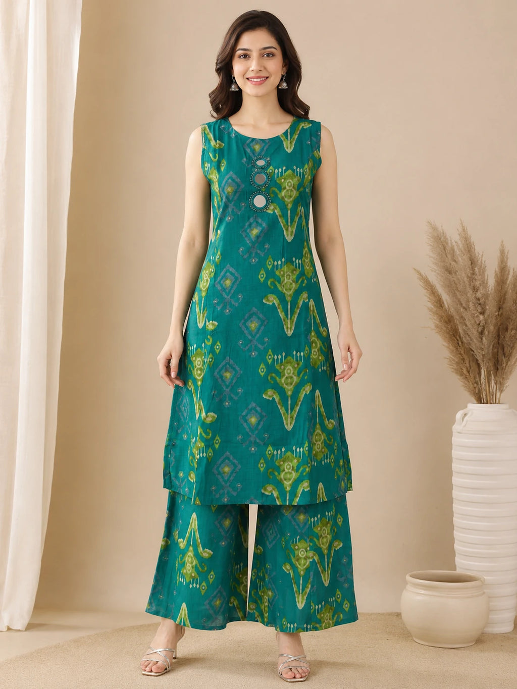 Rama Green Ikat Printed Mirror Work Co-ord Set