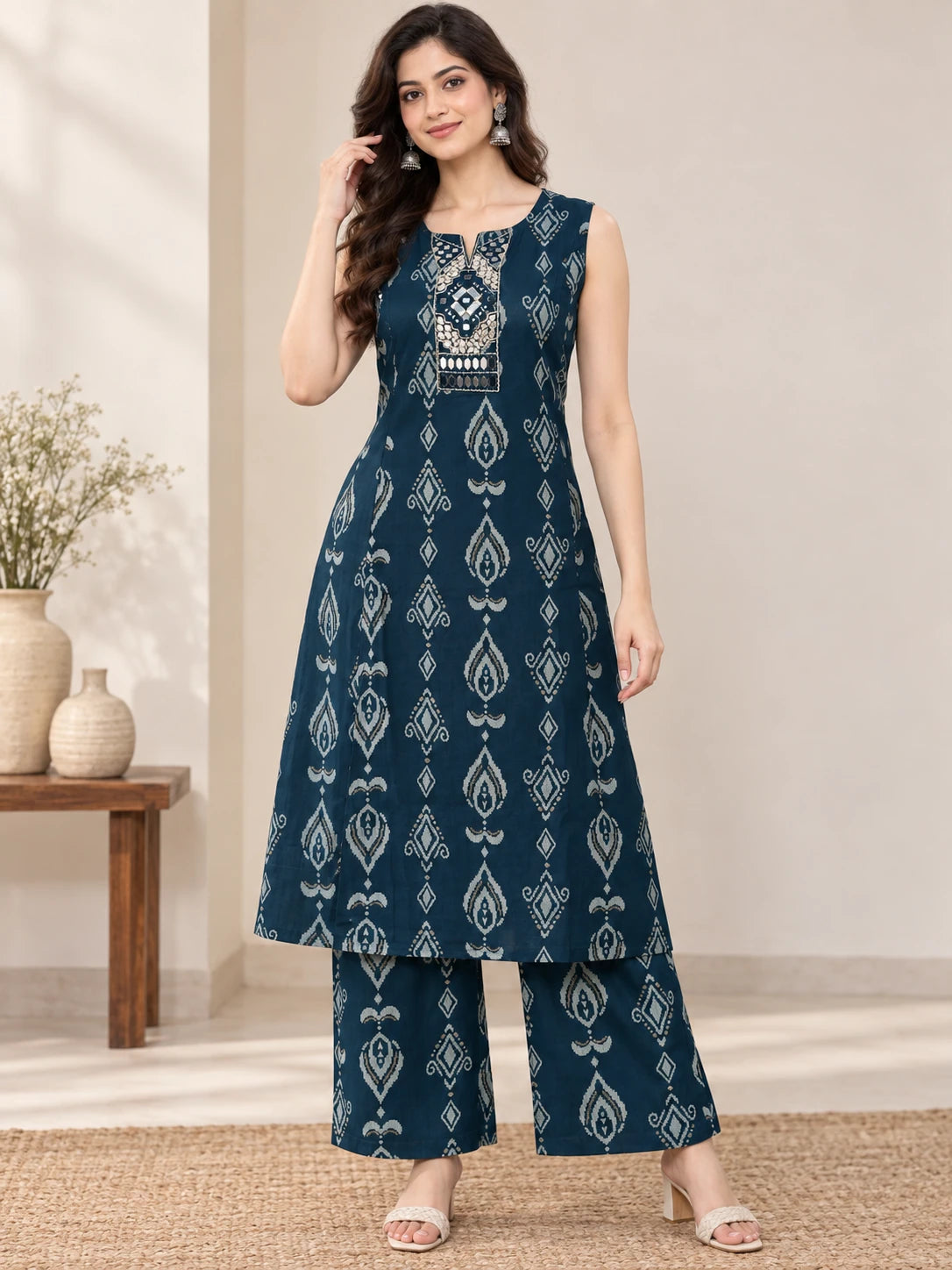Teal Ikkat Printed Mirror Work Princess-Cut Kurta  Palazzo Co-ord Set