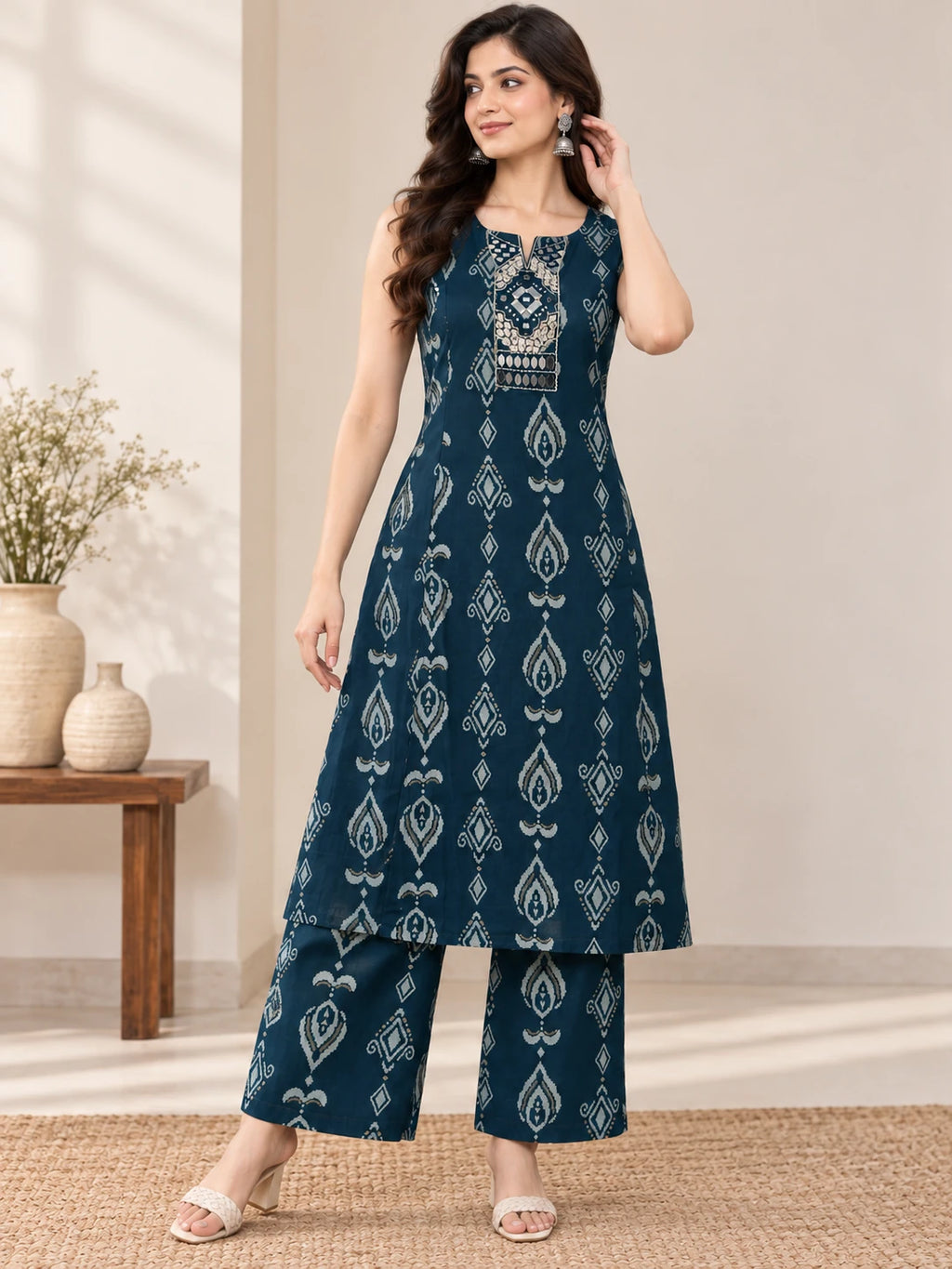 Teal Ikkat Printed Mirror Work Princess-Cut Kurta  Palazzo Co-ord Set