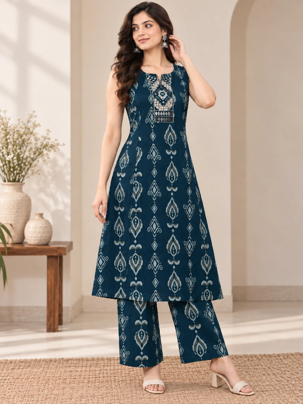 Teal Ikkat Printed Mirror Work Princess-Cut Kurta  Palazzo Co-ord Set