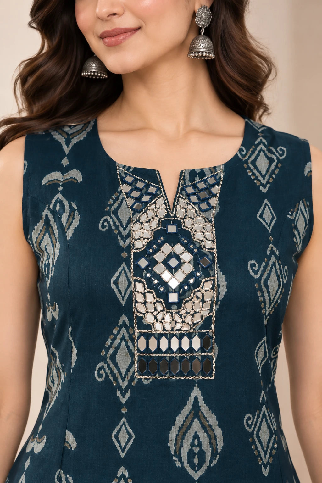 Teal Ikkat Printed Mirror Work Princess-Cut Kurta  Palazzo Co-ord Set