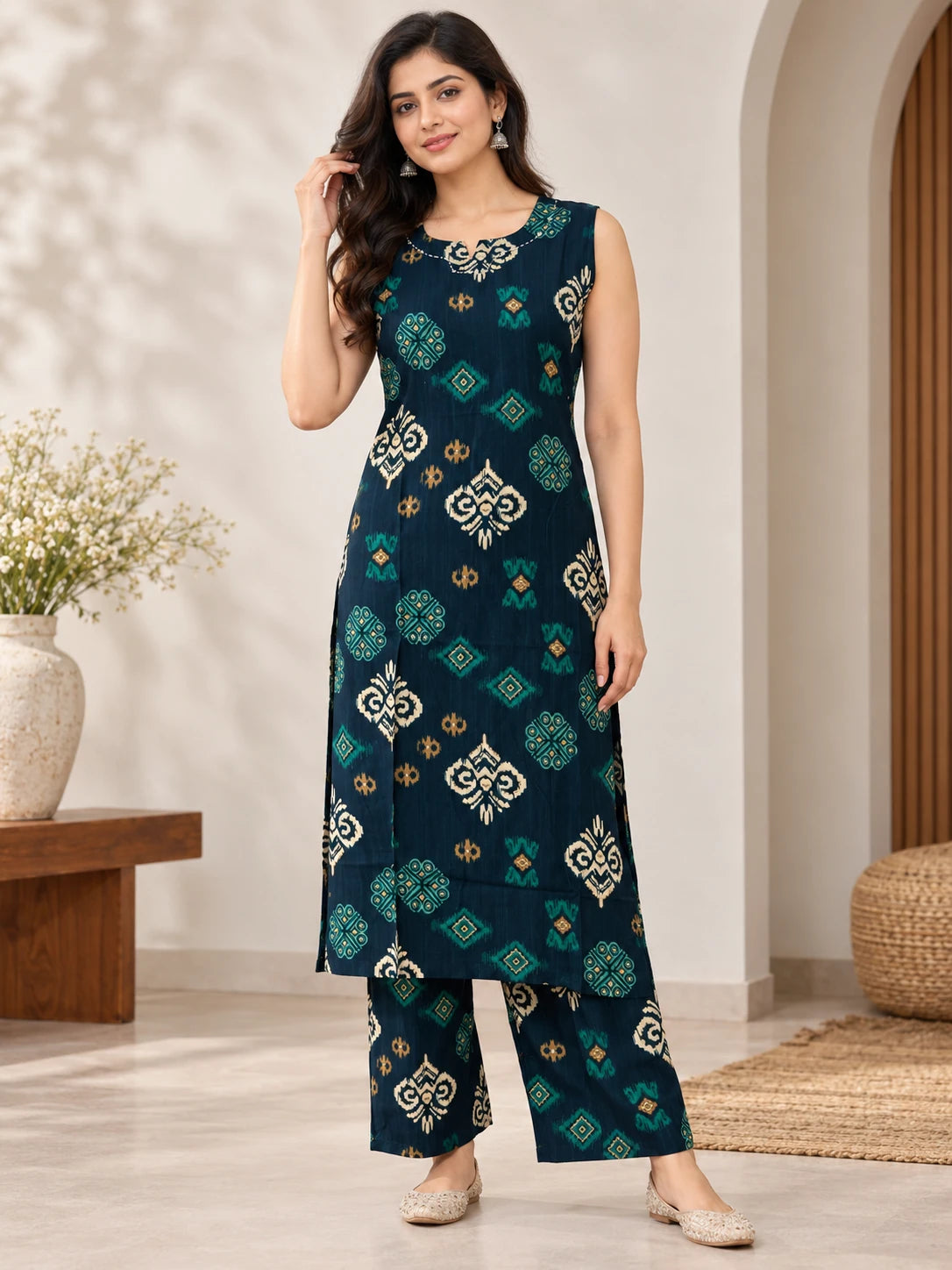 Teal Green Ikkat Rayon Kurta Palazzo Set