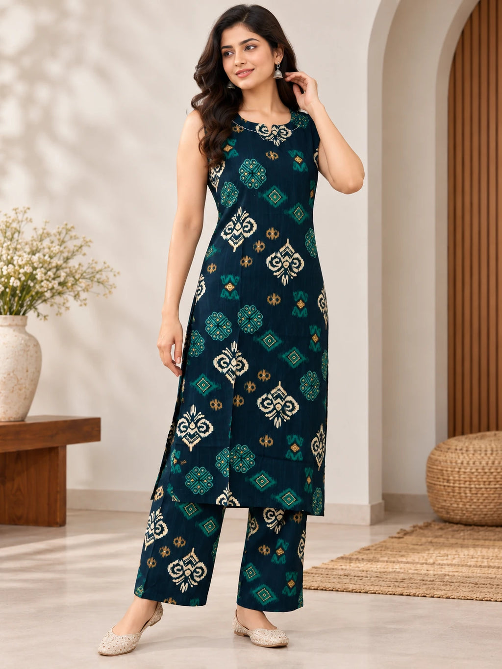 Teal Green Ikkat Rayon Kurta Palazzo Set