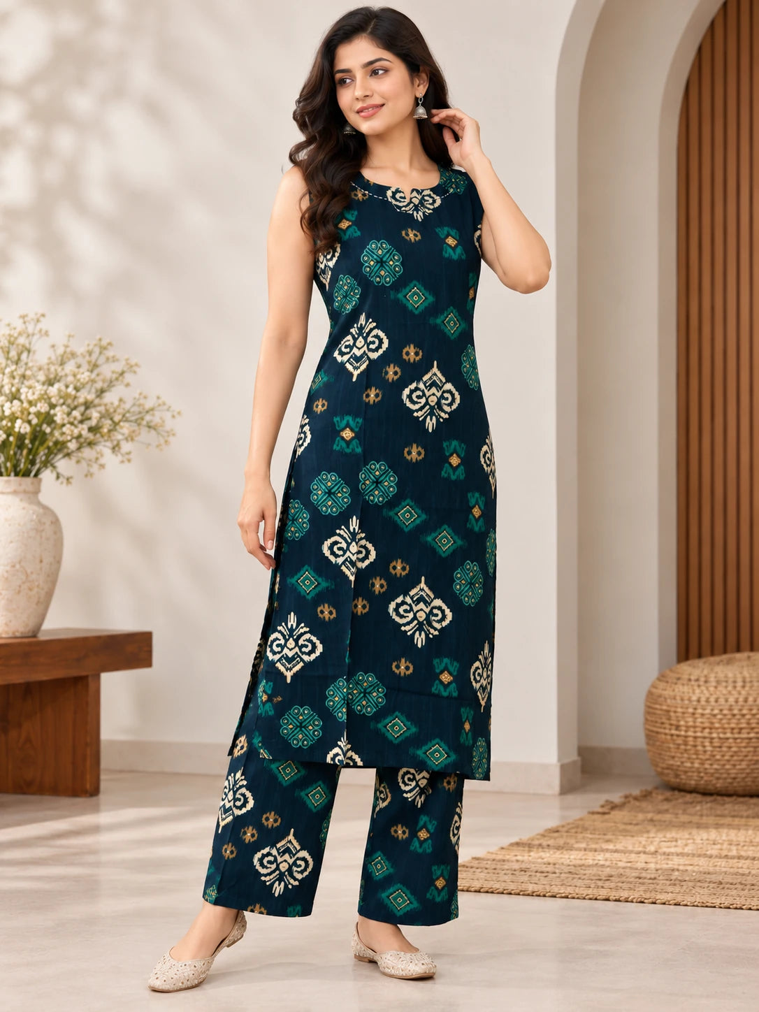 Teal Green Ikkat Rayon Kurta Palazzo Set