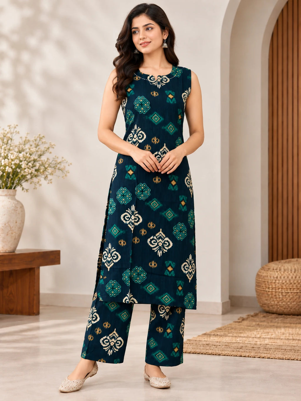 Teal Green Ikkat Rayon Kurta Palazzo Set