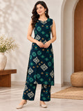 Teal Green Ikkat Rayon Kurta Palazzo Set