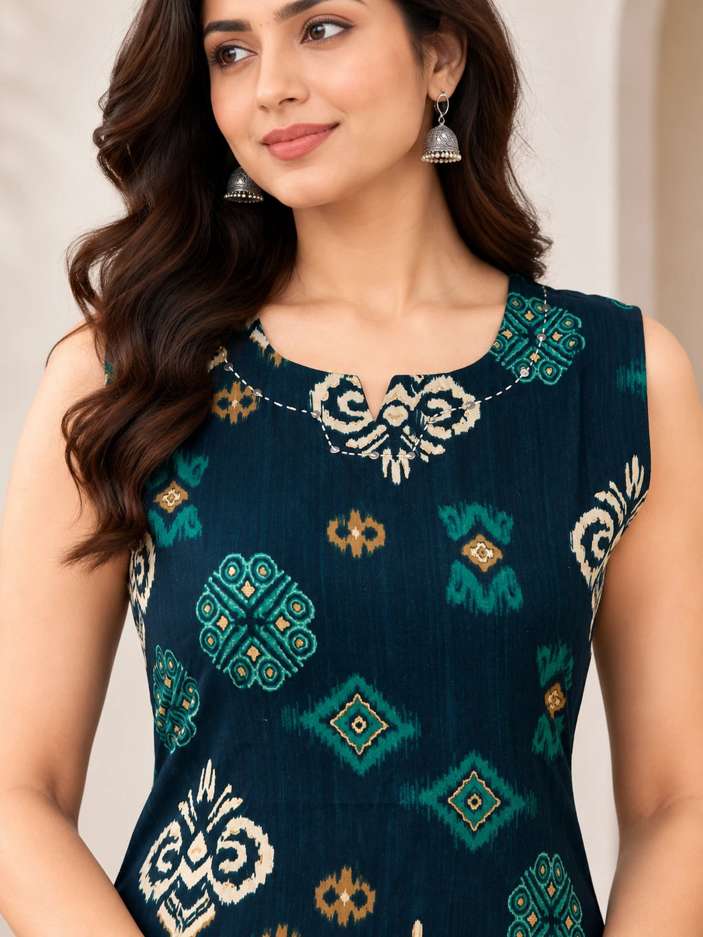 Teal Green Ikkat Rayon Kurta Palazzo Set