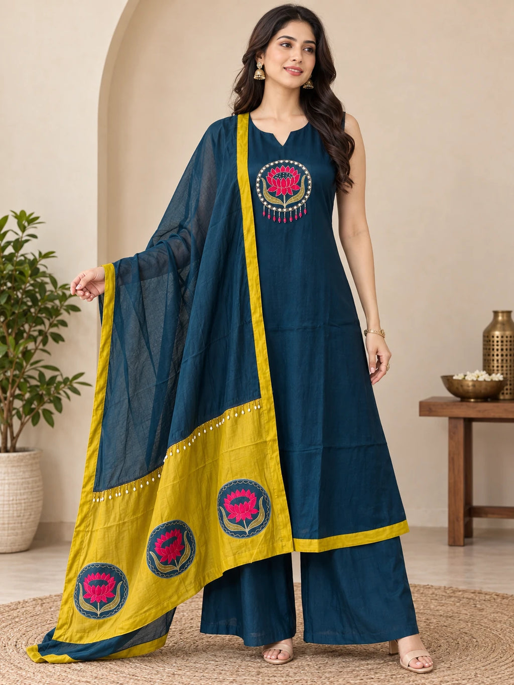 Mull Chanderi Teal Lotus Silk 3-Piece Set