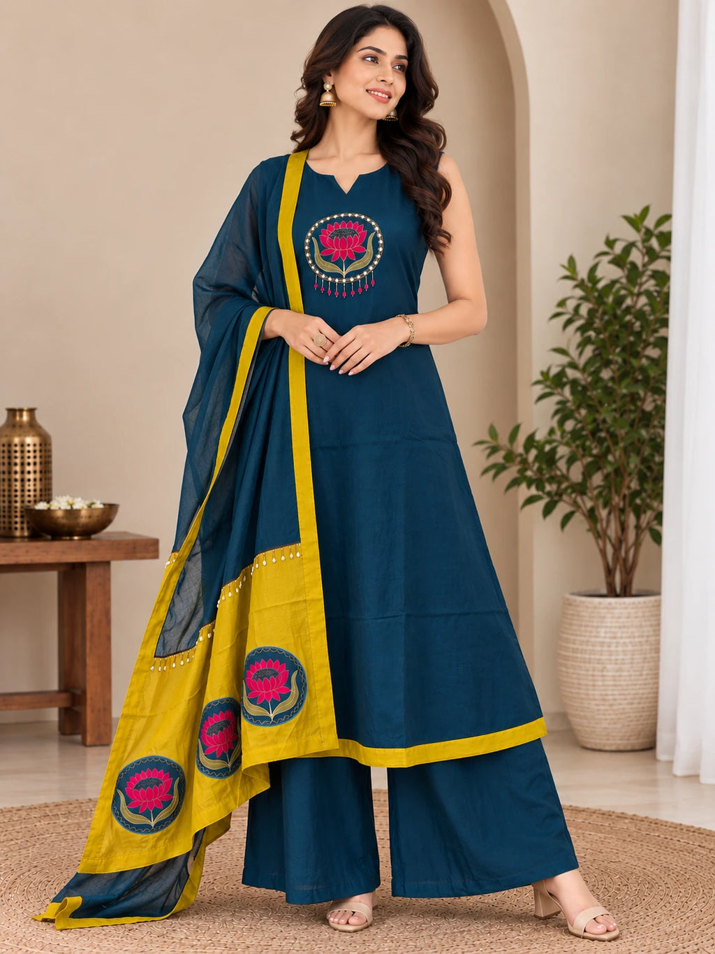 Mull Chanderi Teal Lotus Silk 3-Piece Set