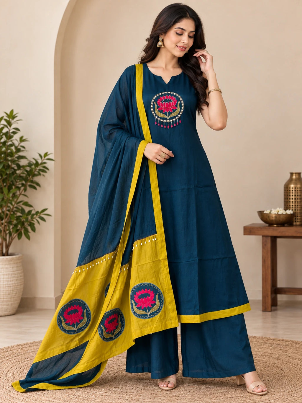 Mull Chanderi Teal Lotus Silk 3-Piece Set
