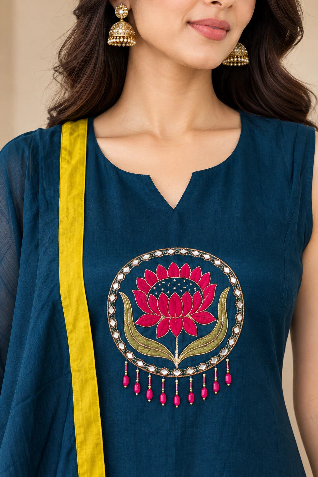 Mull Chanderi Teal Lotus Silk 3-Piece Set