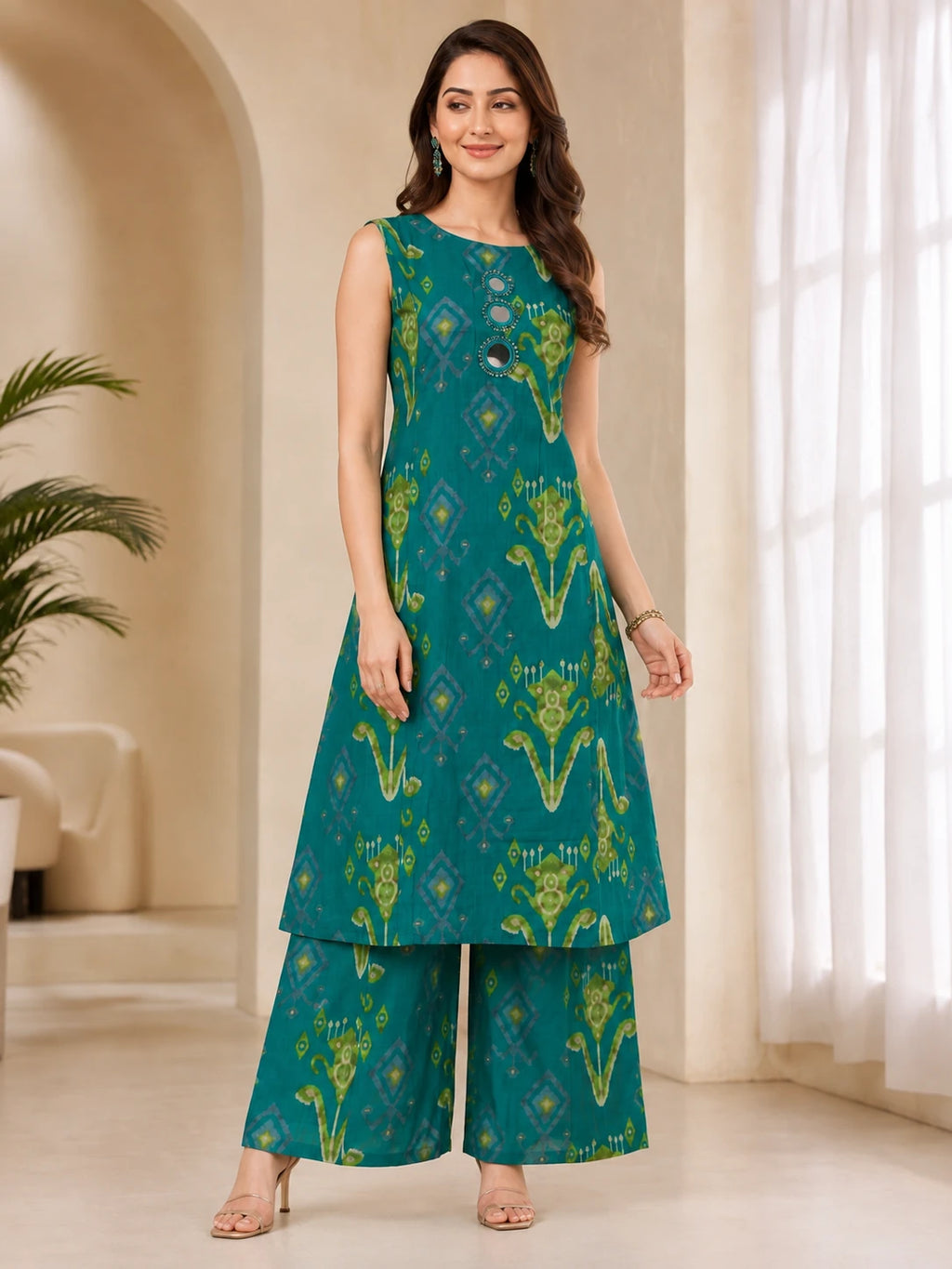 Rama Green Ikat Printed Mirror Work Co-ord Set