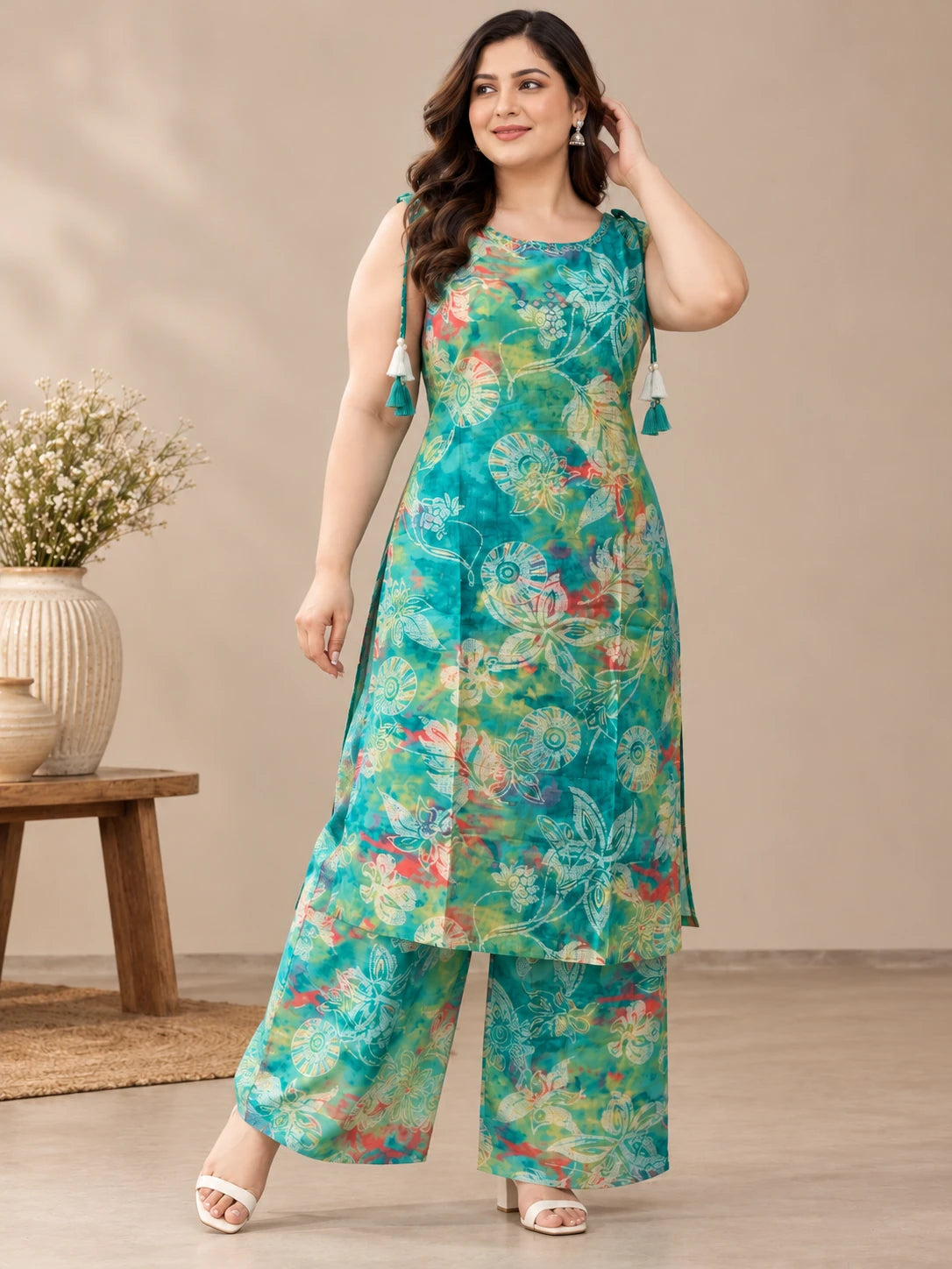 Plus Size Teal Printed Kurta Palazzo Set
