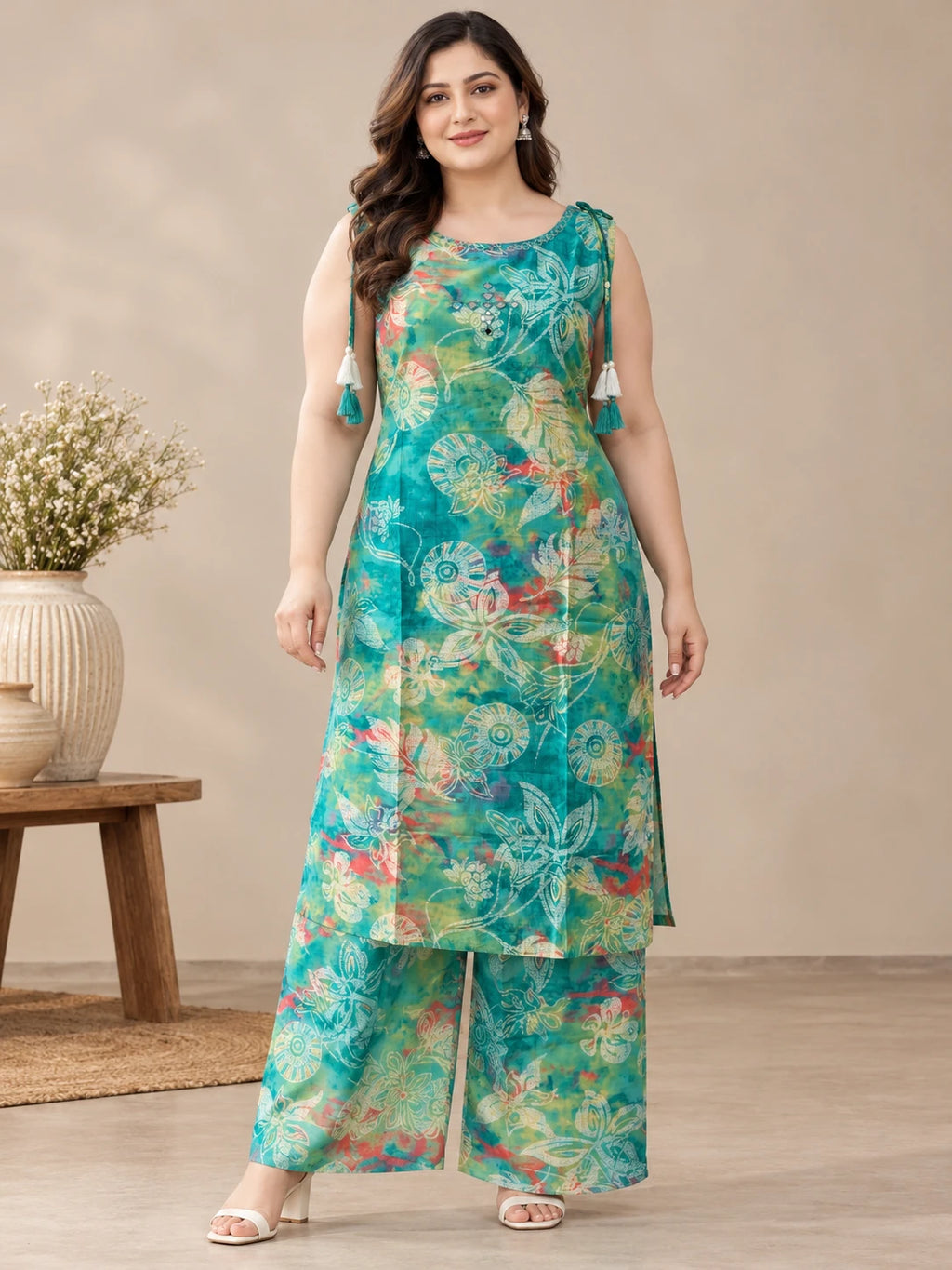 Plus Size Teal Printed Kurta Palazzo Set