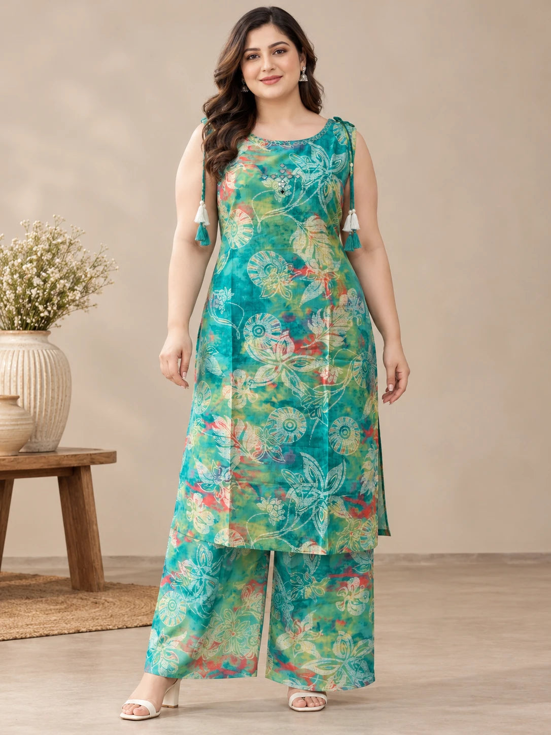 Plus Size Teal Printed Kurta Palazzo Set