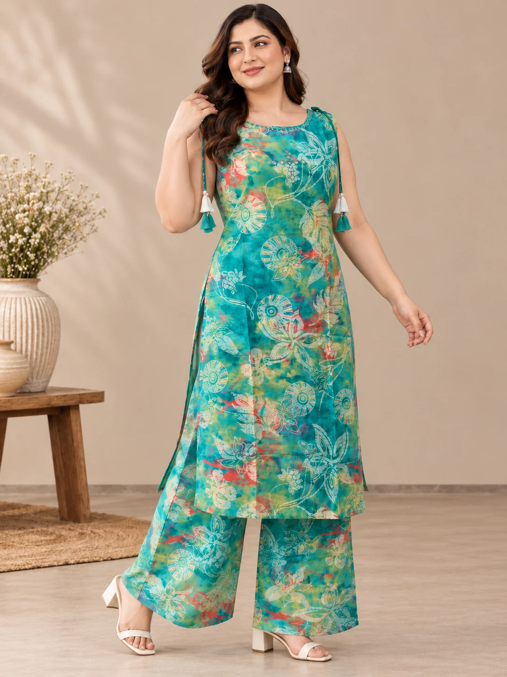 Plus Size Teal Printed Kurta Palazzo Set