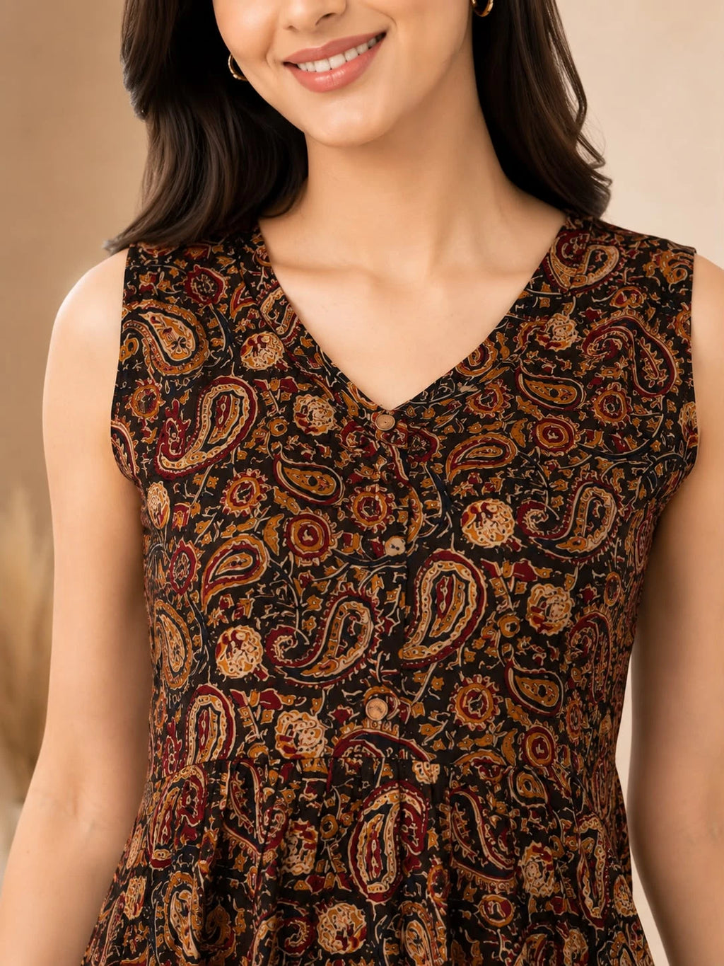 V-NECK BROWN KALAMKARI ONE PIECE