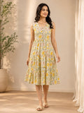 Yellow & Off-White Cotton Printed V-Neck One-Piece Dress