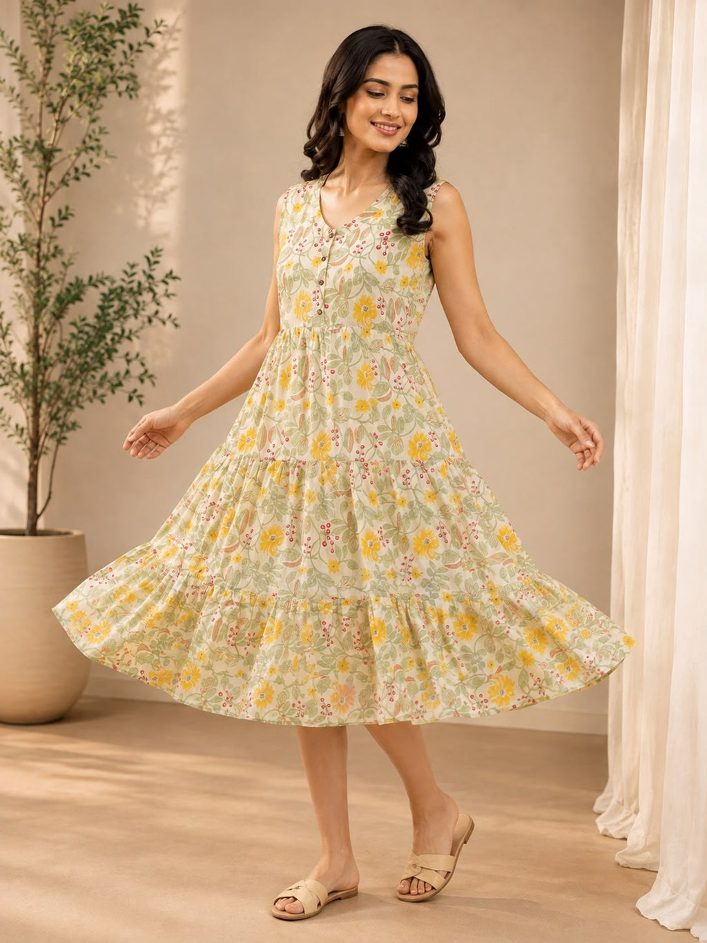 Yellow & Off-White Cotton Printed V-Neck One-Piece Dress