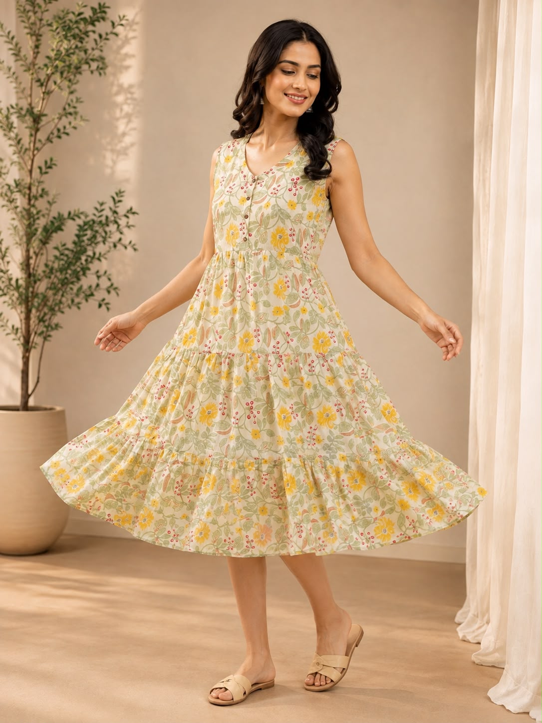 Yellow & Off-White Cotton Printed V-Neck One-Piece Dress