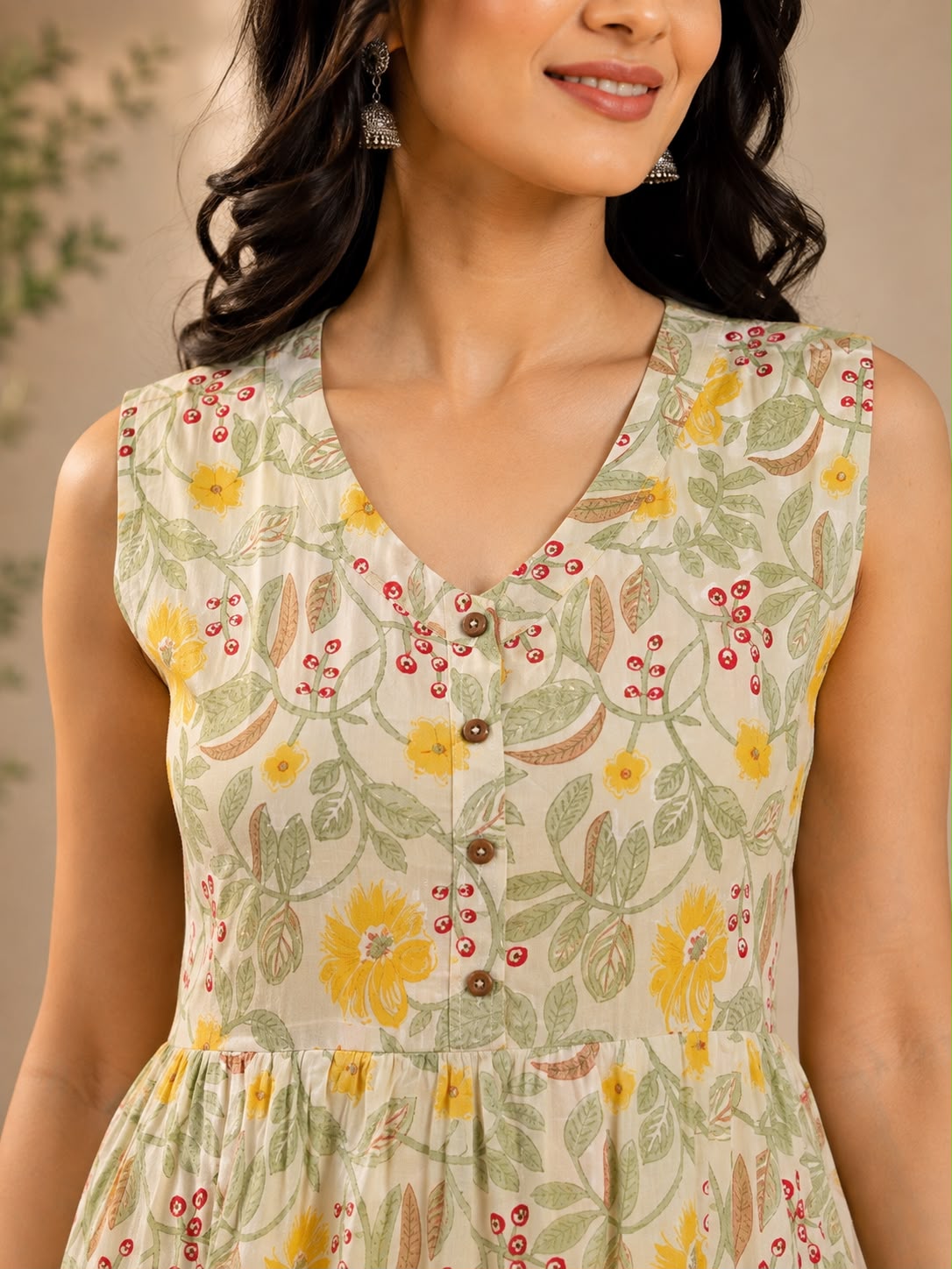 Yellow & Off-White Cotton Printed V-Neck One-Piece Dress