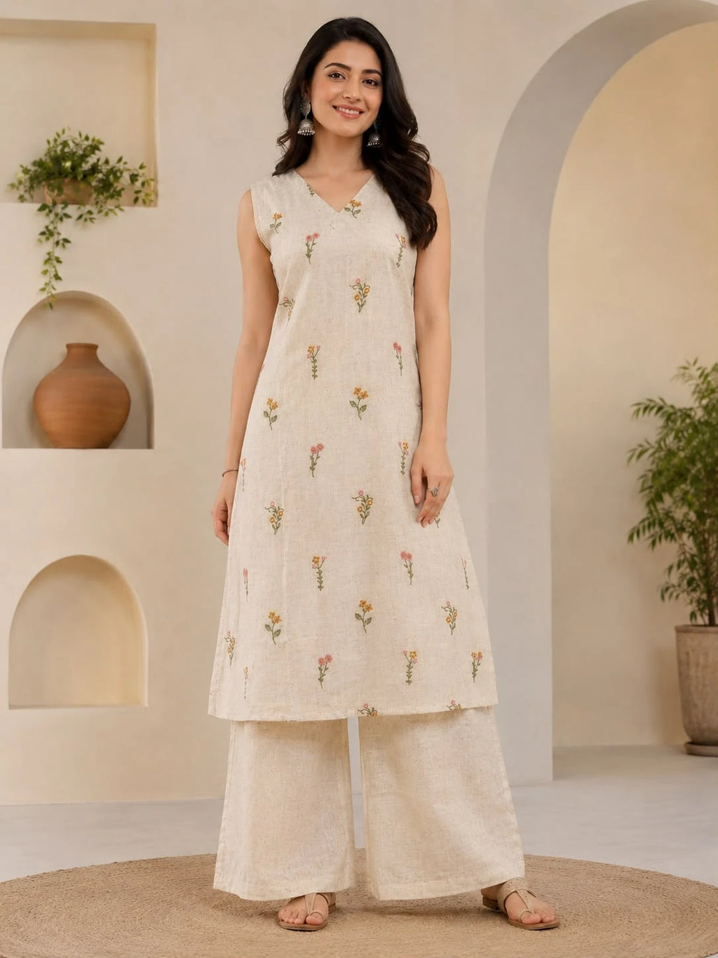 V-Neck Khadi Floral Embroidered Co-ord Set