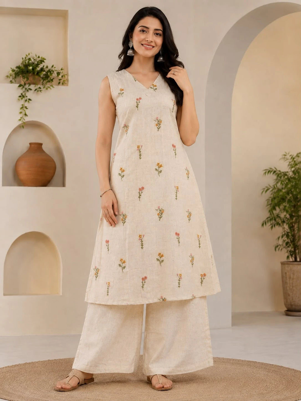 V-Neck Khadi Floral Embroidered Co-ord Set