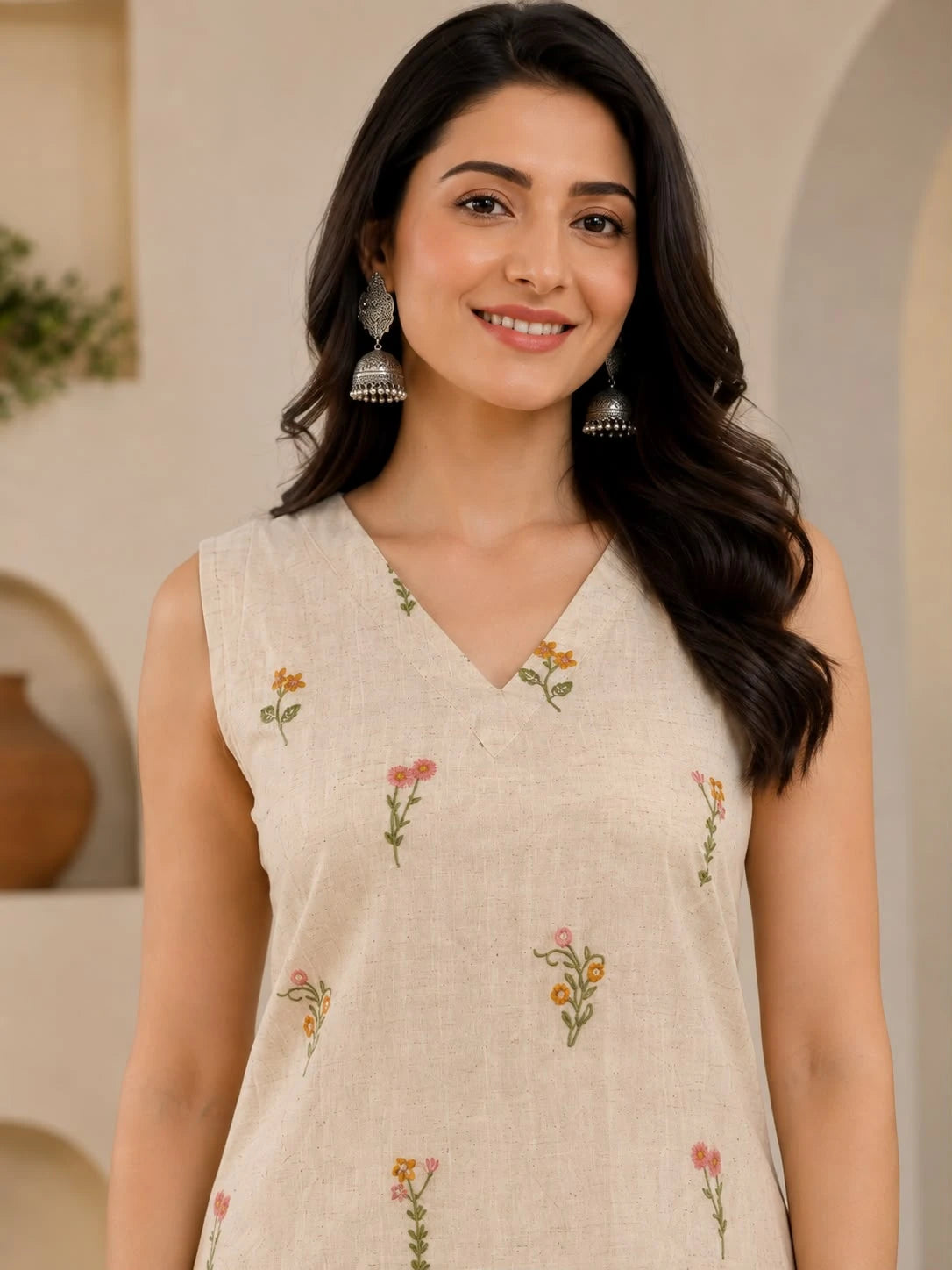V-Neck Khadi Floral Embroidered Co-ord Set