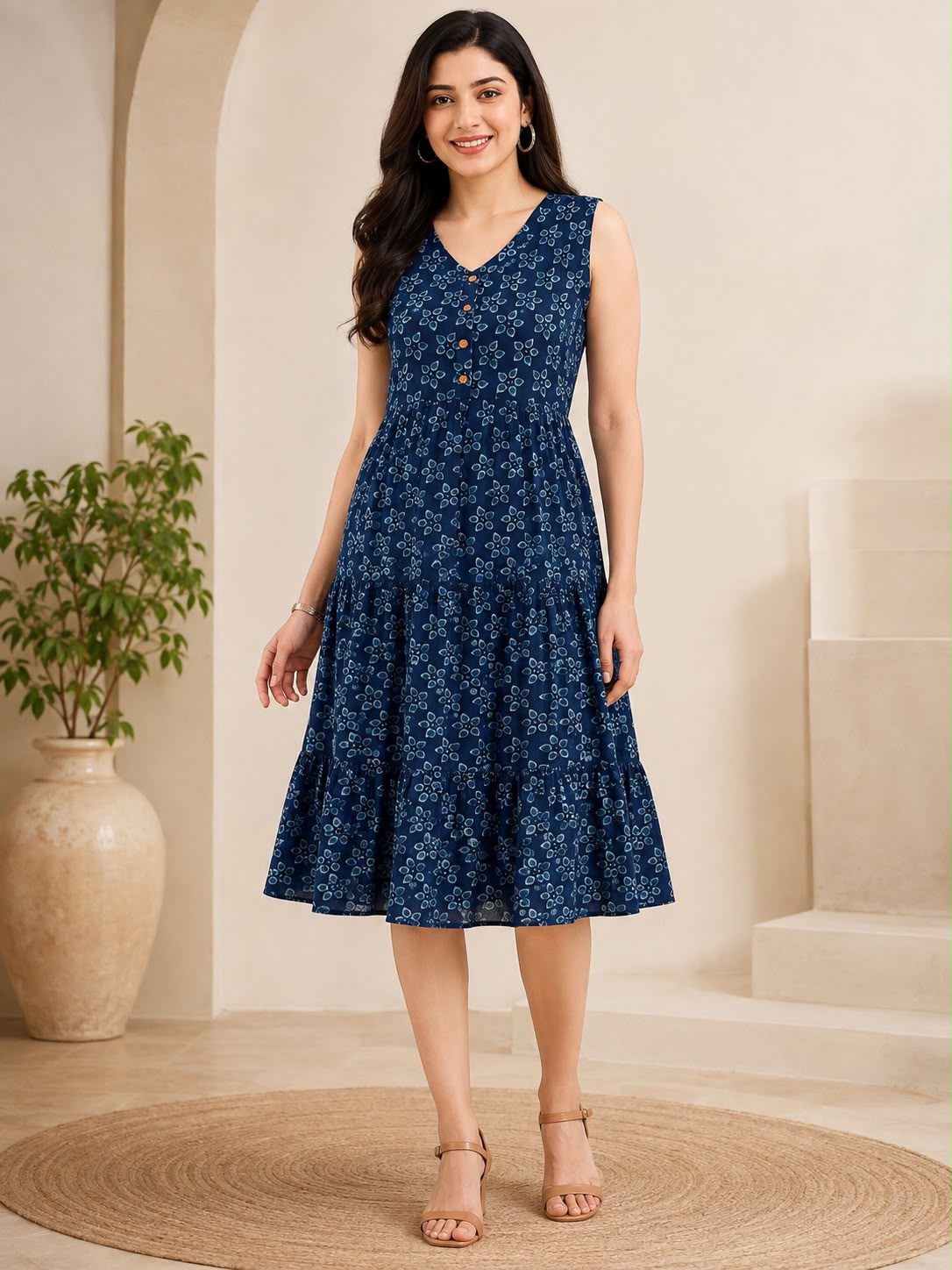 Indigo Cotton Printed V-Neck One-Piece Dress