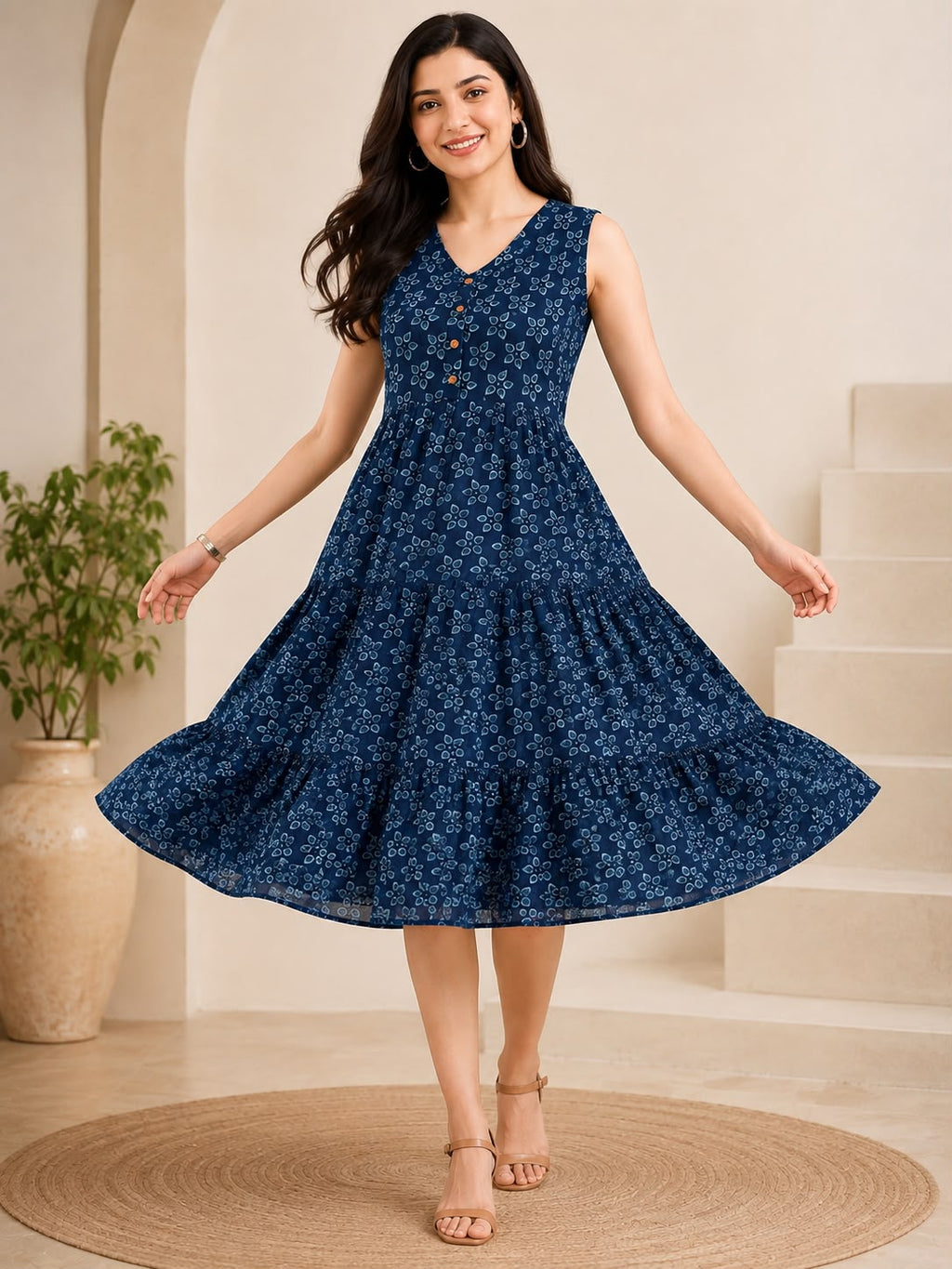 Indigo Cotton Printed V-Neck One-Piece Dress