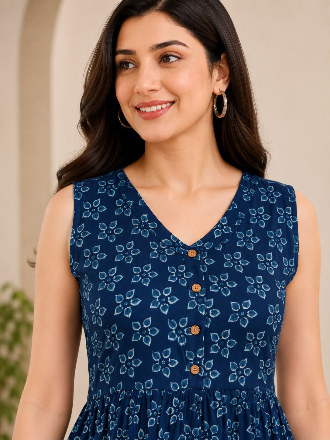 Indigo Cotton Printed V-Neck One-Piece Dress