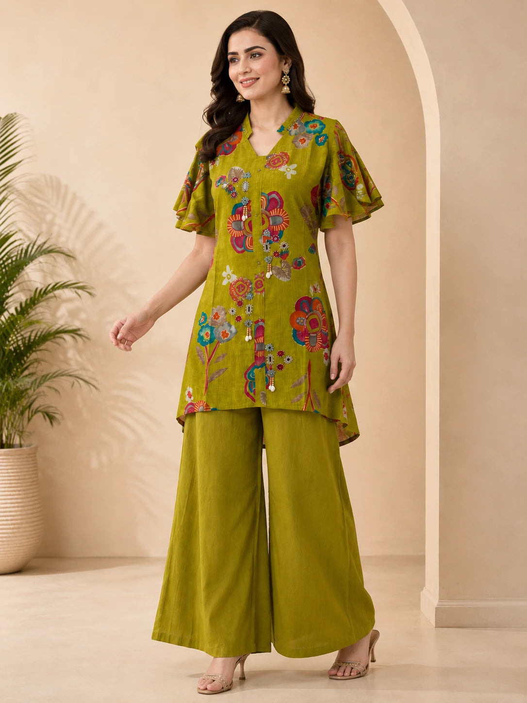 Olive Green Floral Printed Short Co-ord Set