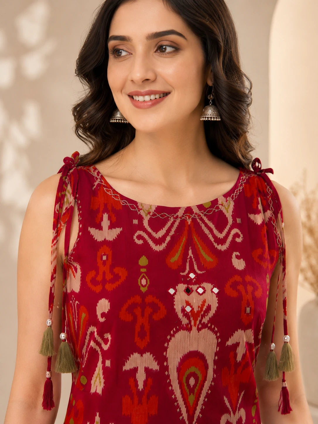 Red Ikat Printed Boat-Neck Co-ord Set