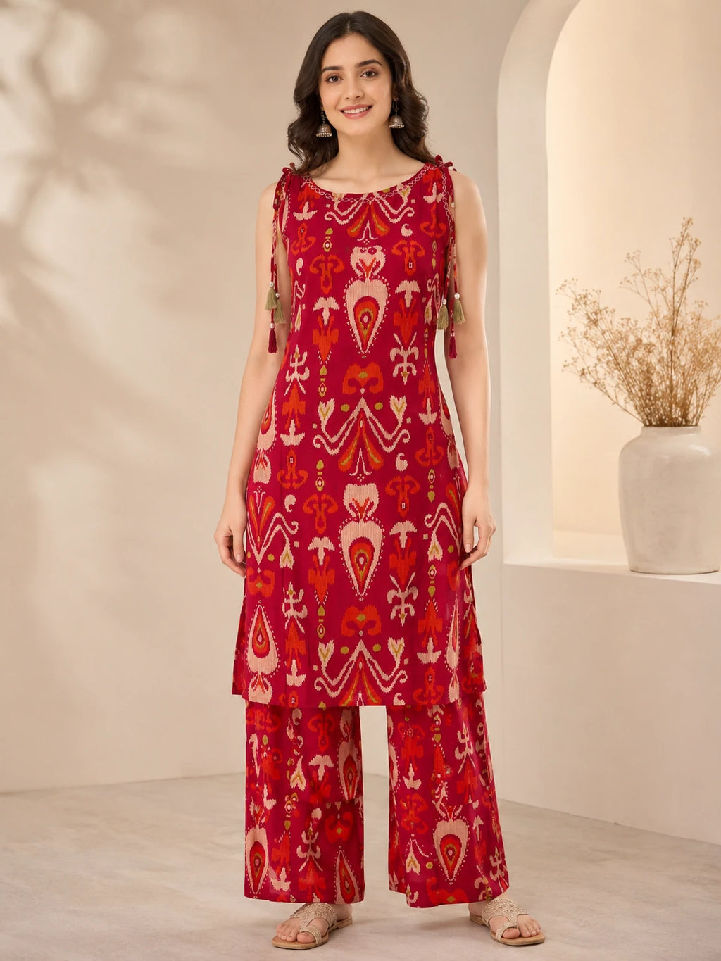 Red Ikat Printed Boat-Neck Co-ord Set