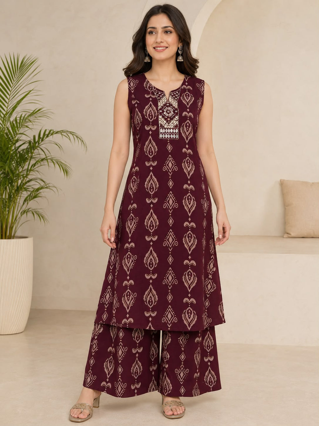 Wine Printed Mirror-Work Co-ord Set