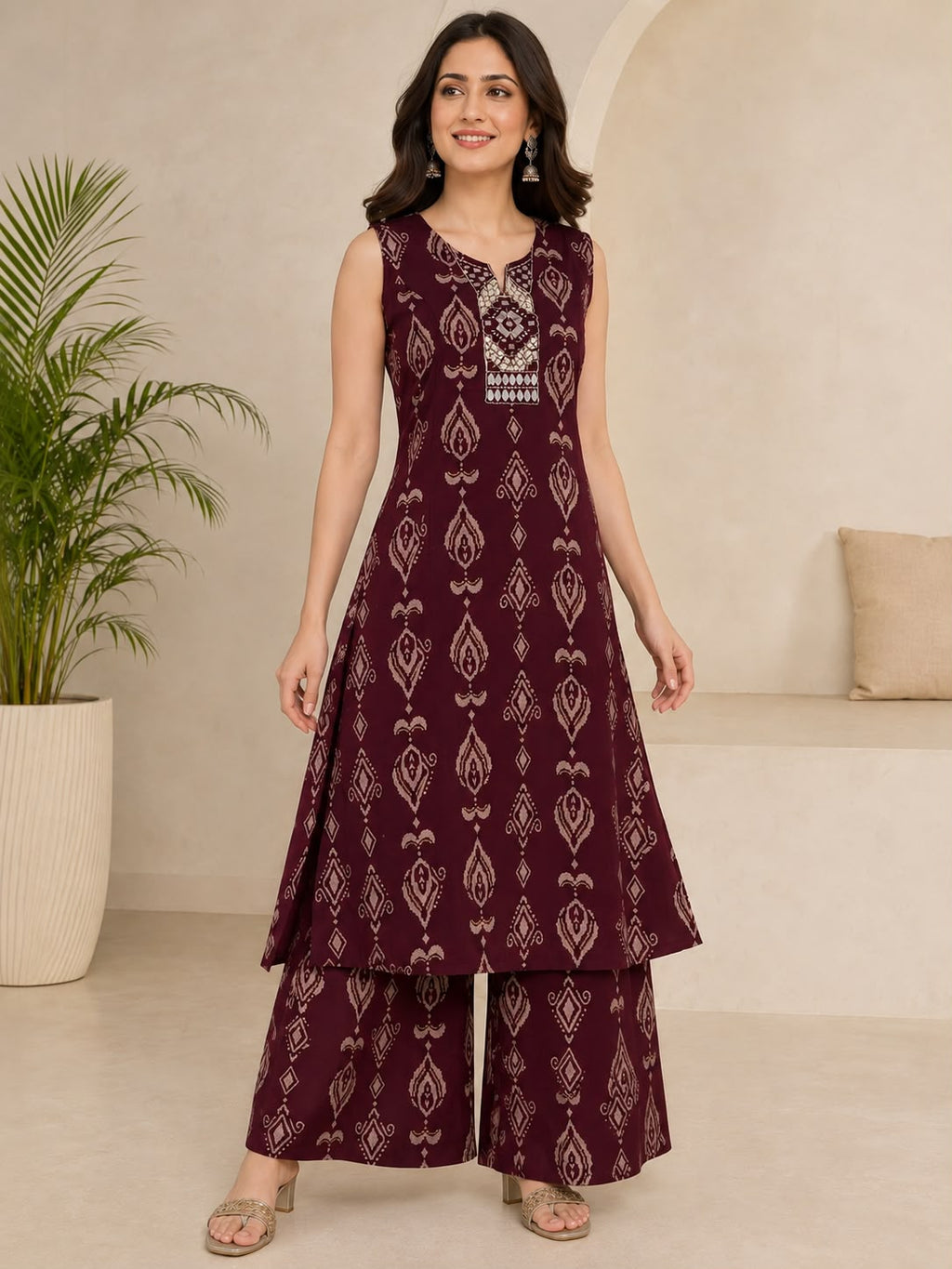 Wine Printed Mirror-Work Co-ord Set