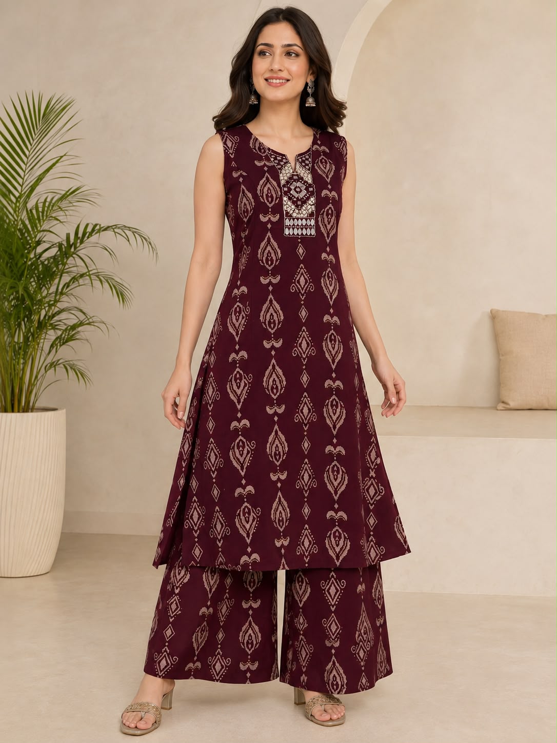 Wine Printed Mirror-Work Co-ord Set
