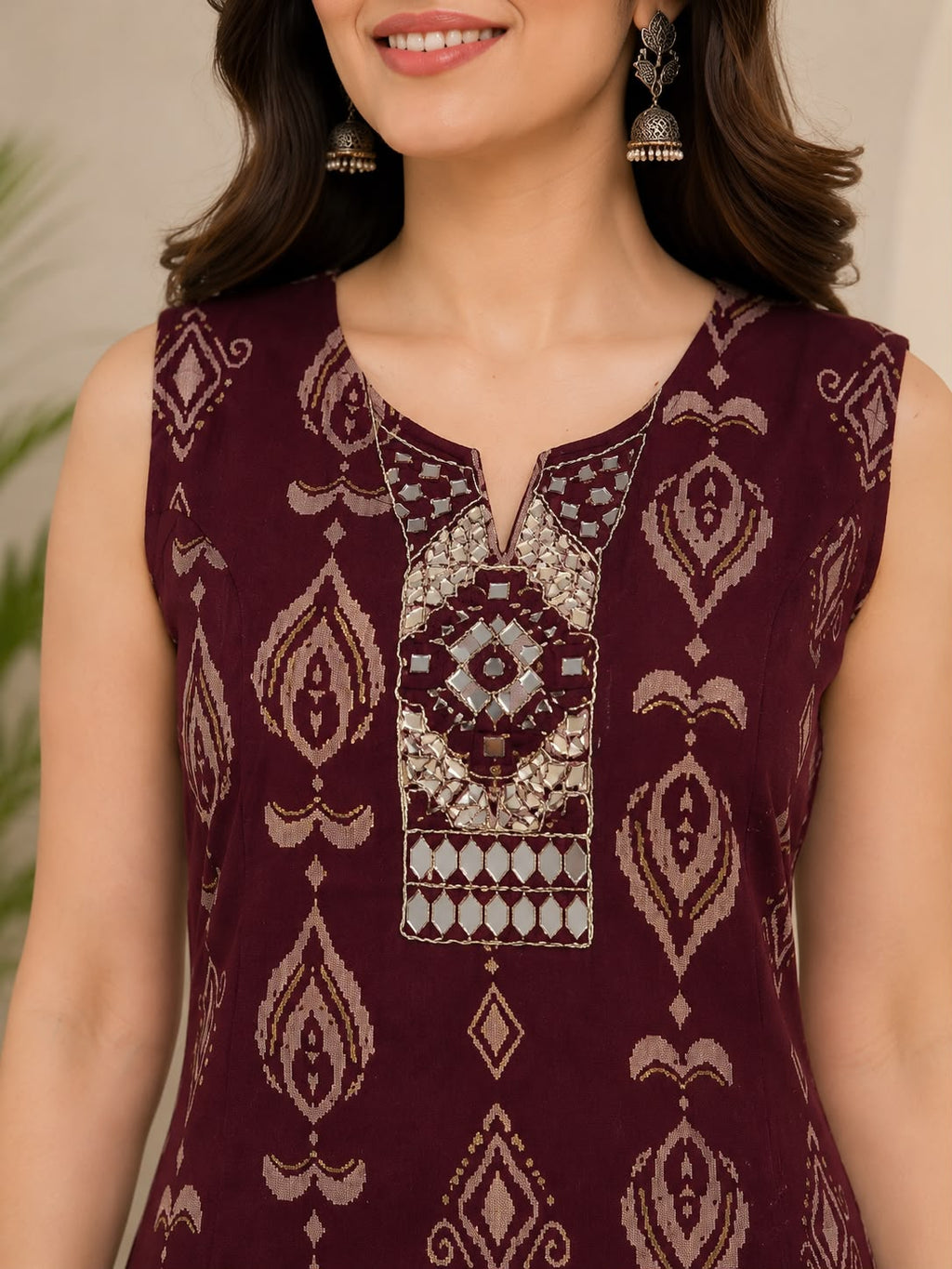 Wine Printed Mirror-Work Co-ord Set