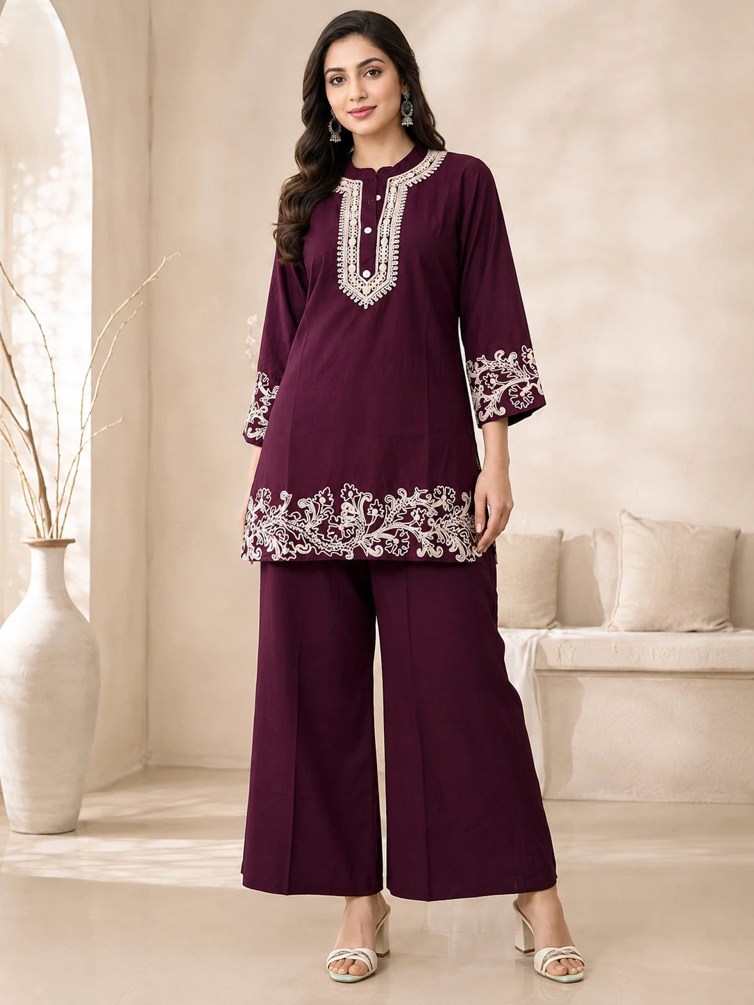 Heavy Threadwork Sui Slub Short Co-ord Set