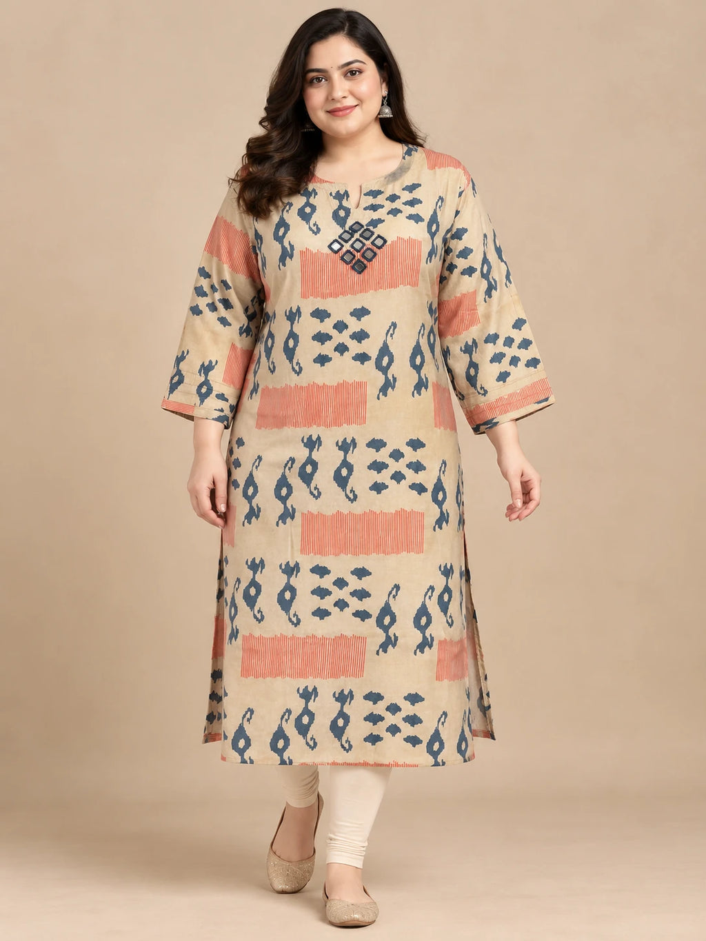 Warm Beige & blue Silk Gold Kurta