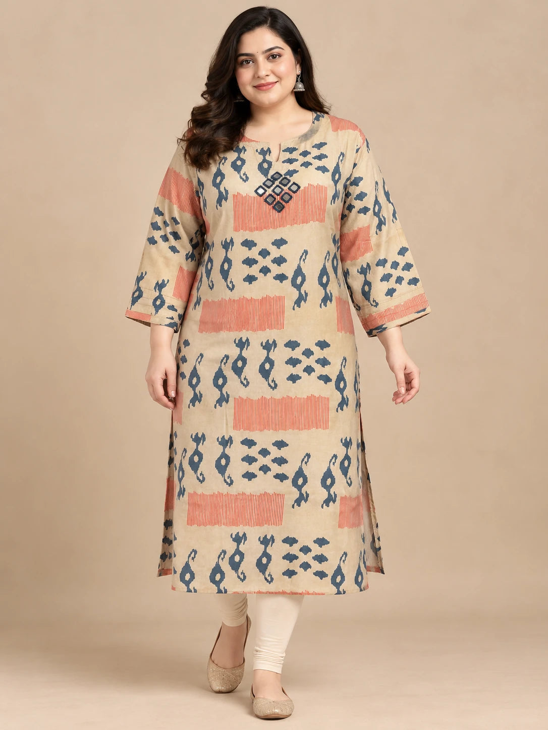 Warm Beige & blue Silk Gold Kurta