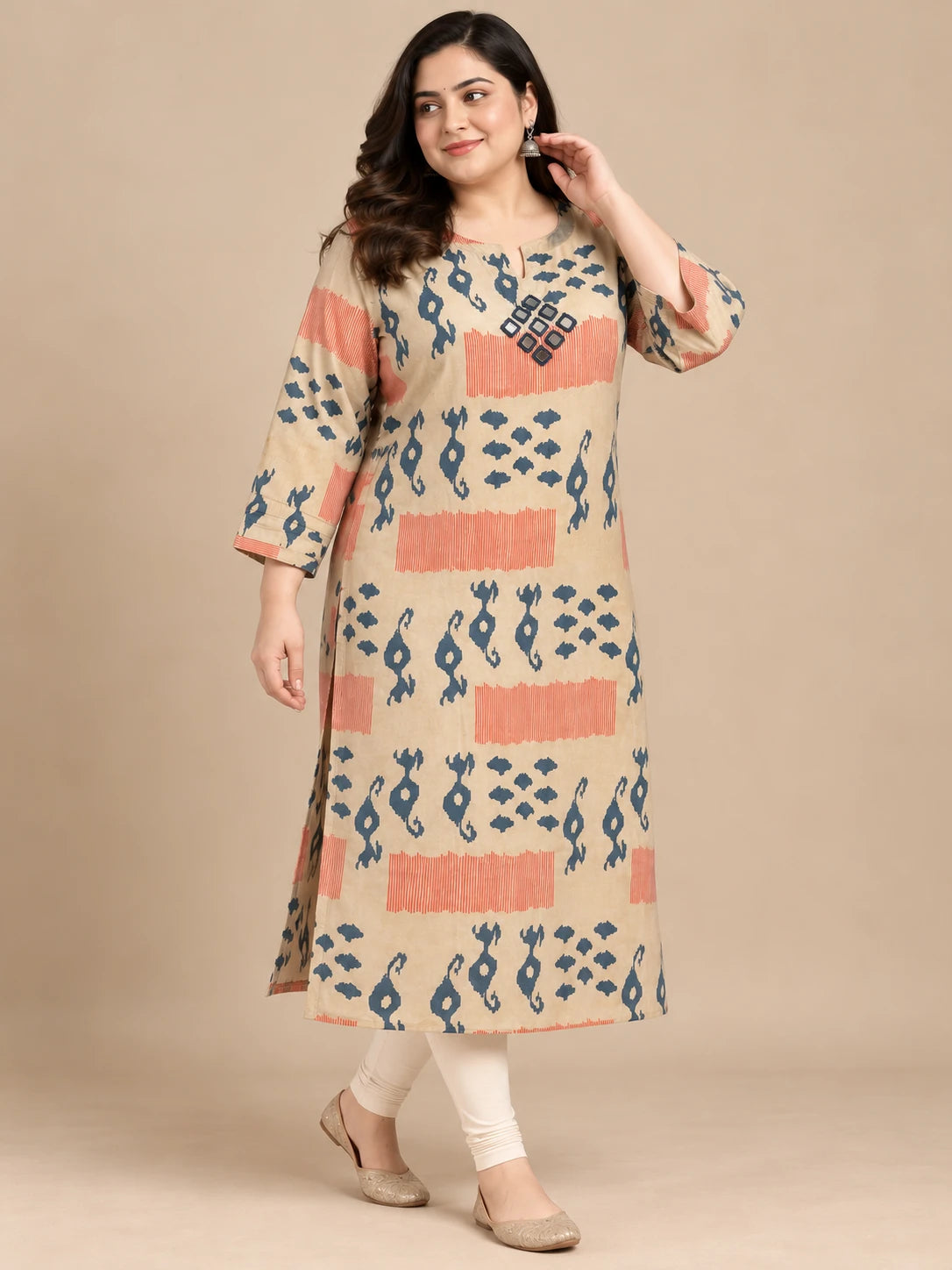 Warm Beige & blue Silk Gold Kurta