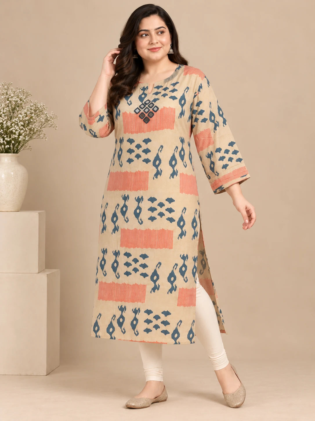 Warm Beige & blue Silk Gold Kurta
